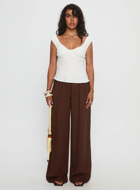 front view of model wearing Princess Polly Vianca Low Rise Linen Pant Chocolate High Rise Pants Pants 