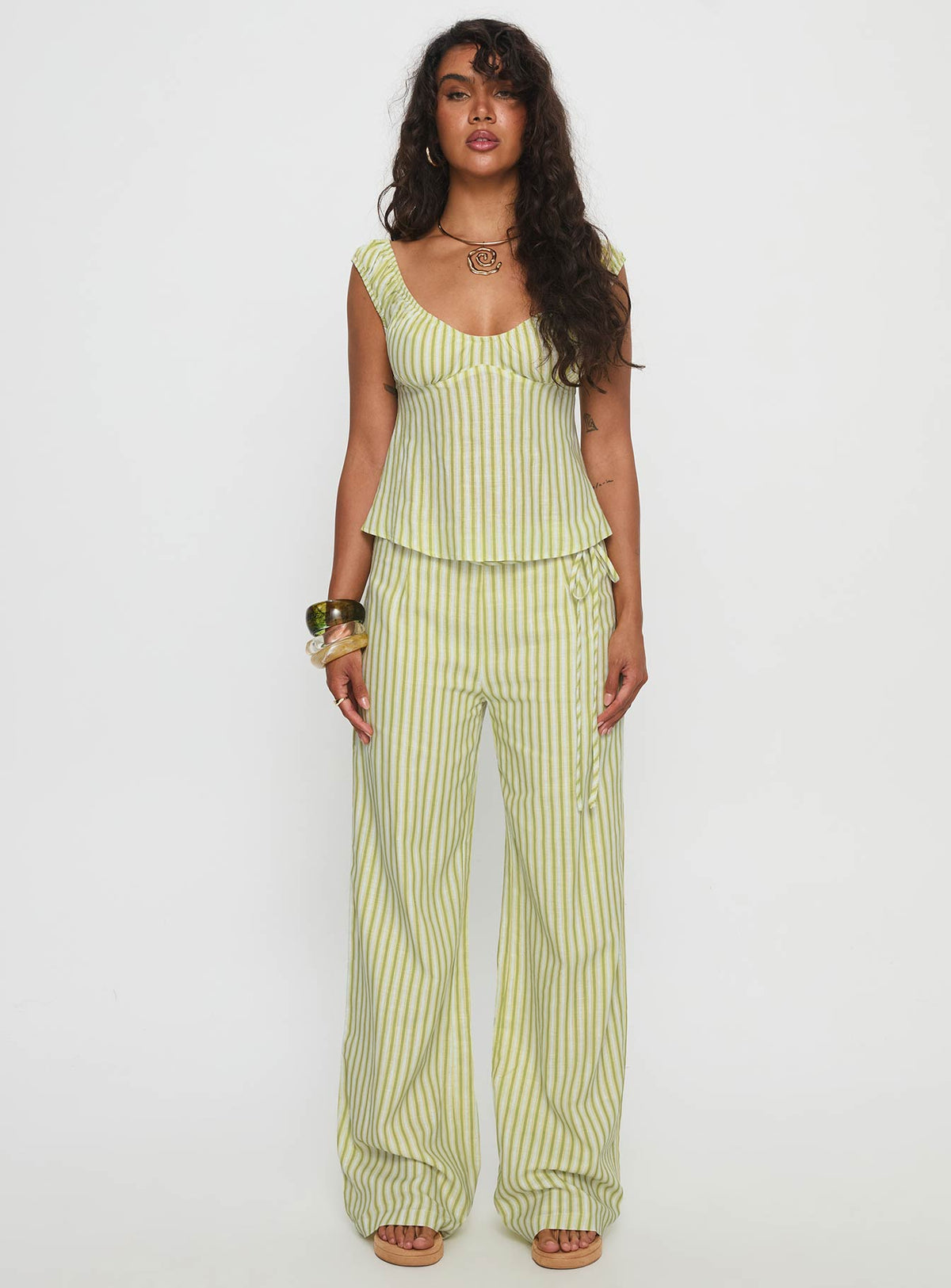 front view of model wearing Princess Polly With Pleasure Tie Side Pant Green / Blue Stripe Mid Rise Pants Pants 