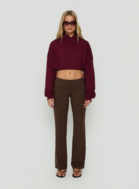 Discover the Mayse Bubble Hem Cropped Hoodie Cherry womens-jumpers in short length front view of model wearing Princess Polly