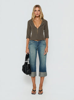 Aaira 3/4 Sleeve Cinched Waist Collared Shirt Taupe