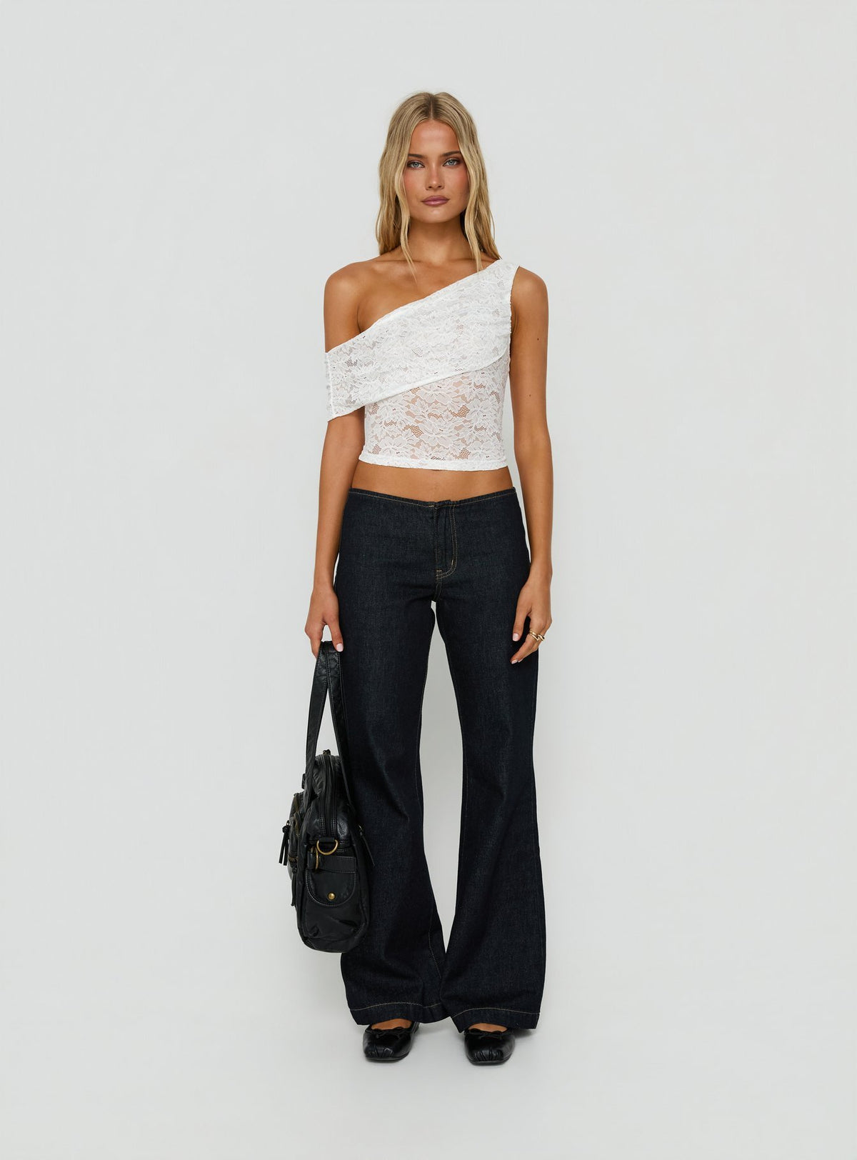 Riinah Draped Lace Off Shoulder Top White