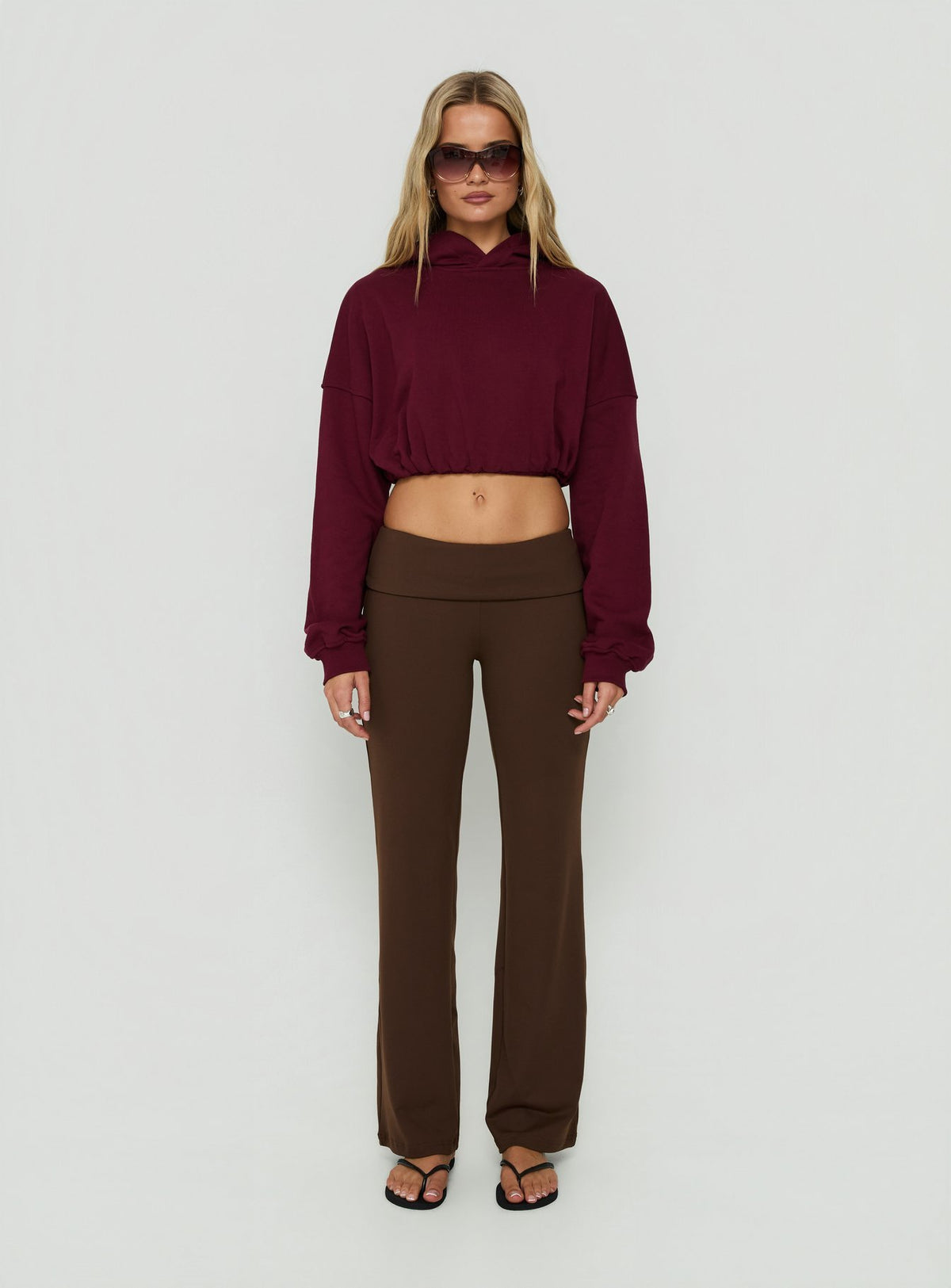 Styled Daily Define Foldover Waist Pants Brown in womens-regular-pants with high-rise front view of model wearing Princess Polly