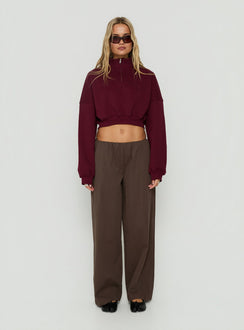 Showcasing the Astridd 3/4 Zip Cropped Jumper Cherry womens-jumpers with short length front view of model wearing Princess Polly