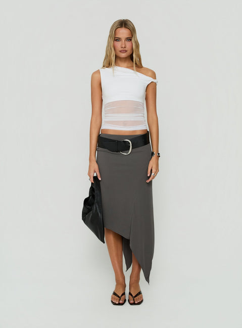 Showcasing the Aviza Asymmetrical Midi Skirt Grey in womens-skirts with fitted silhouette front view of model wearing Princess Polly