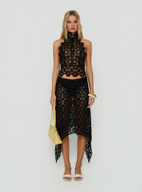 Discover the Trophy Sheer Midi Skirt Black womens-skirts featuring fitted lace and asymmetry Princess Polly
