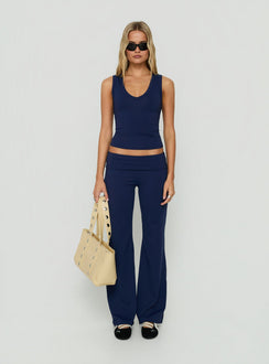 Showcasing the Daily Define Foldover Waist Pants Navy womens-regular-pants with high-rise wide-leg silhouette front view of model wearing Princess Polly
