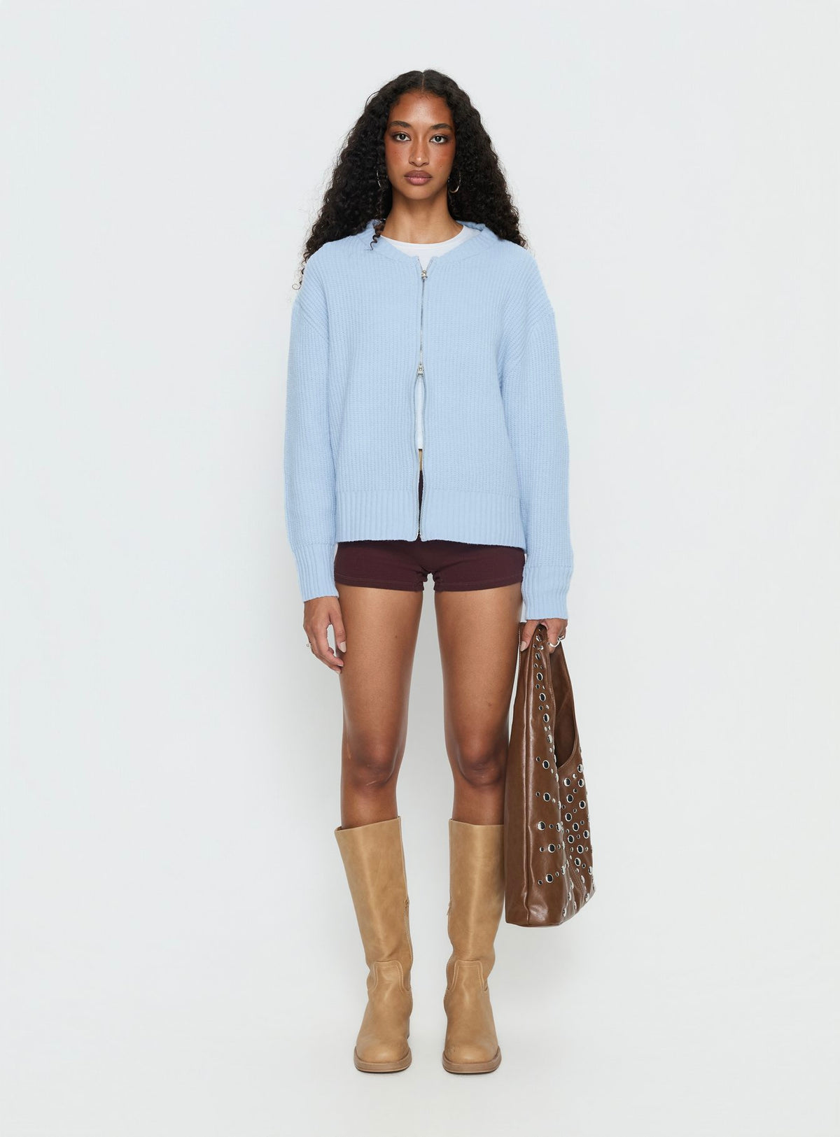 front view of model wearing Princess Polly Lexene Zip Through Jumper Baby Blue Longline Jumpers Jumpers 