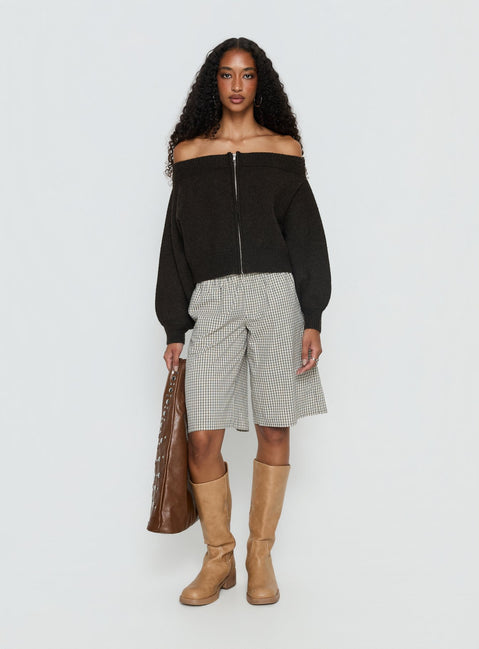 side view of model wearing Princess Polly Ortensa Off Shoulder Zip Through Jumper Brown Jumpers 