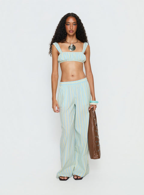 front view of model wearing Princess Polly Talyssa Elasticated Waist Pants Blue Stripe Mid Rise Pants Pants 