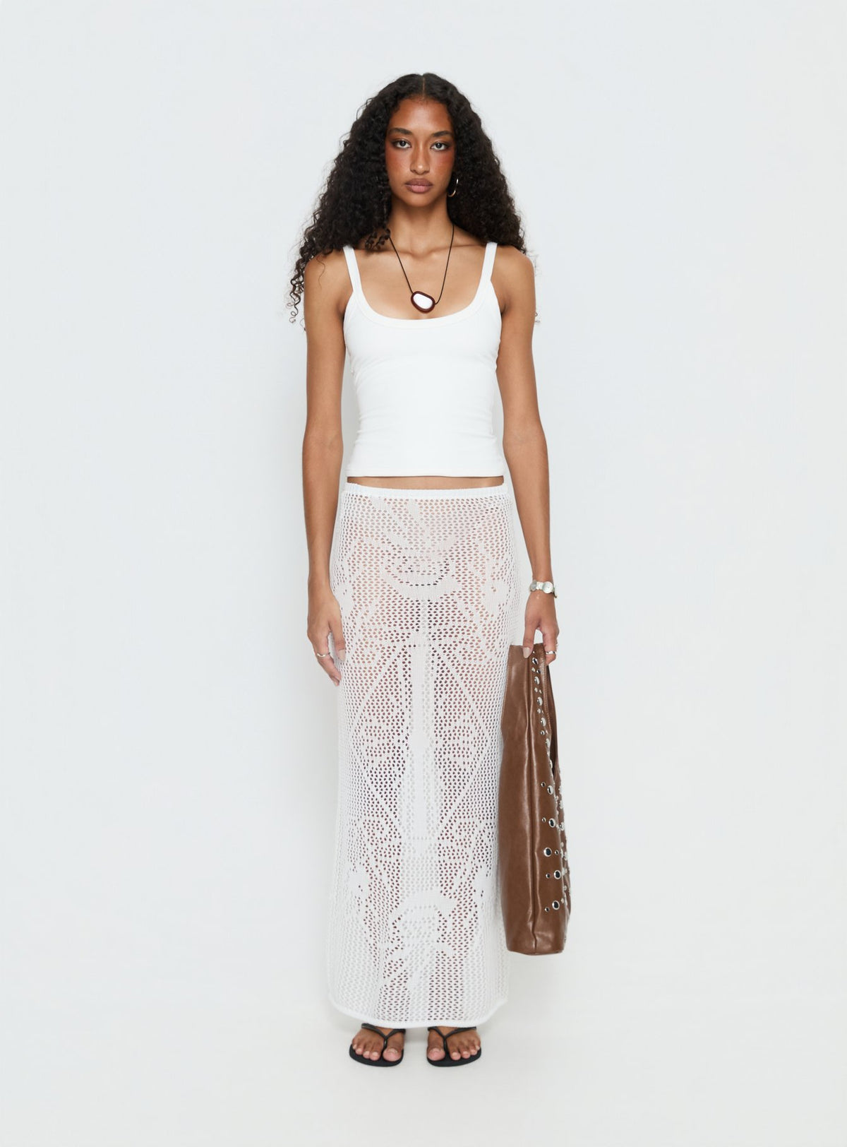   front view of model wearing Princess Polly Wisteriah Sheer Maxi Skirt White Maxi Skirts Skirts 