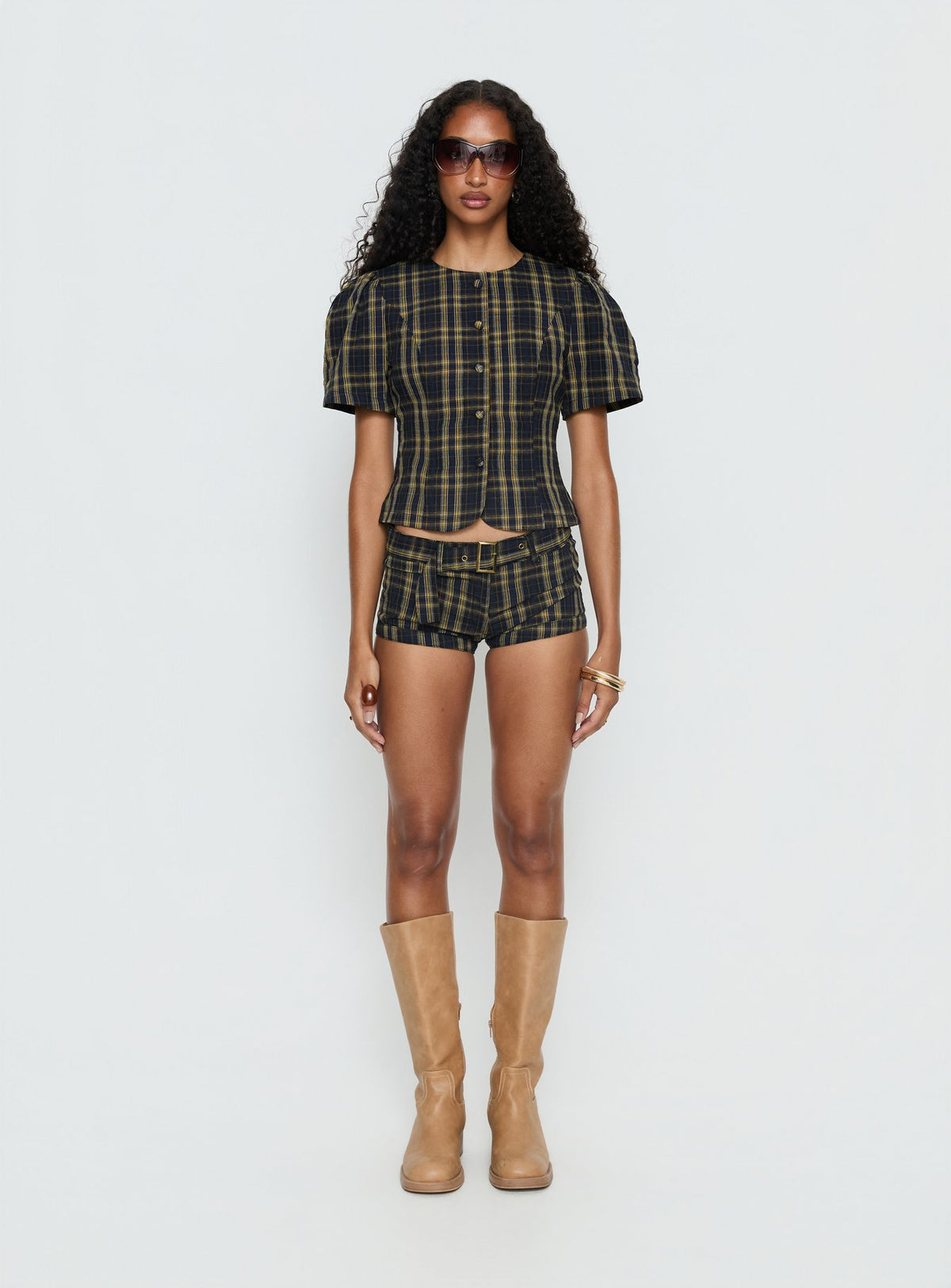 Femme Blouse Top Navy / Lemon Plaid