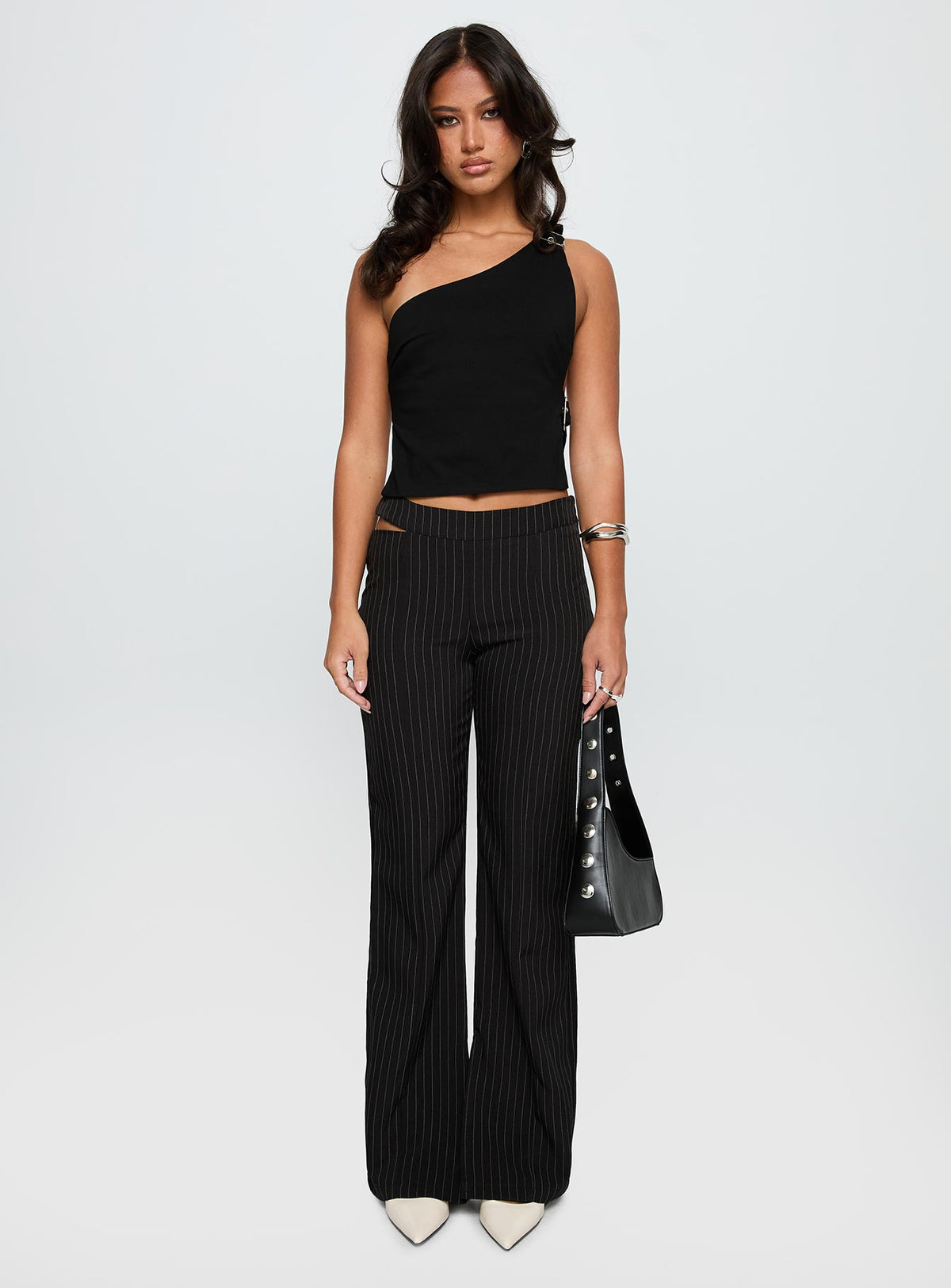 front view of model wearing Princess Polly Amaretti Pants Black High Rise Pants Pants 