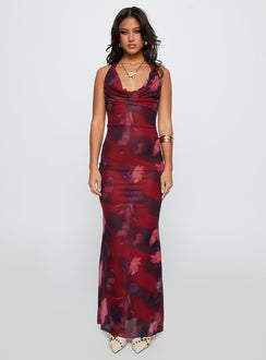 front view of model wearing Princess Polly Vixyn Halter Maxi Dress Red Multi Cowl Neck 