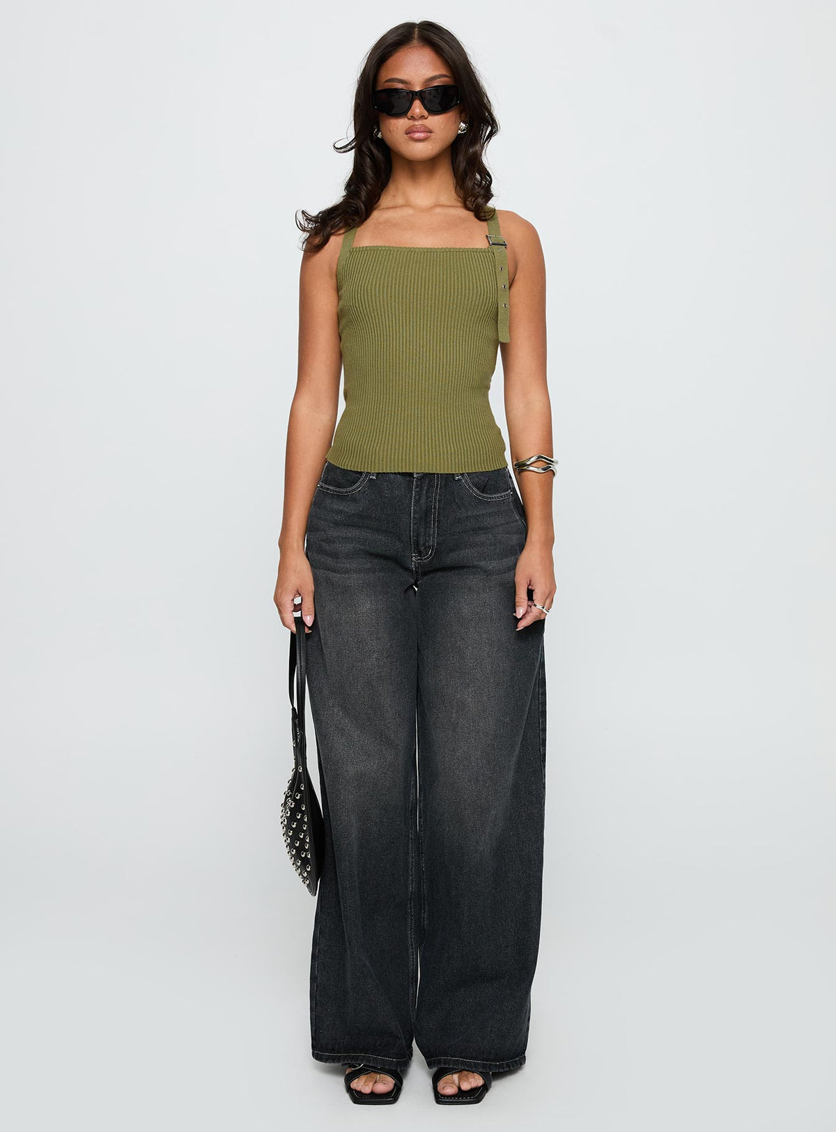 side view of model wearing Princess Polly Bare It All Buckle Detail Top Green Sleeveless Square Neck 