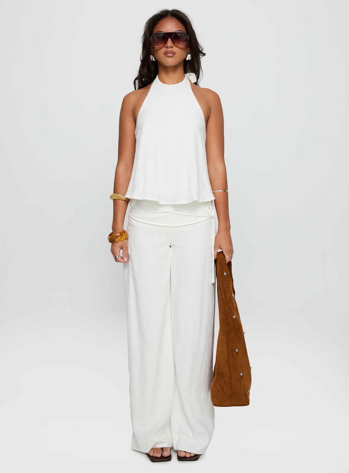 Featuring Silver Moon Linen Blend Tie Pants in White Tall womens-regular-pants with high-rise front view of model wearing Princess Polly
