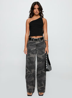 back view of model wearing Princess Polly Buckled Down One Shoulder Top Black Sleeveless Asymmetric Neckline 