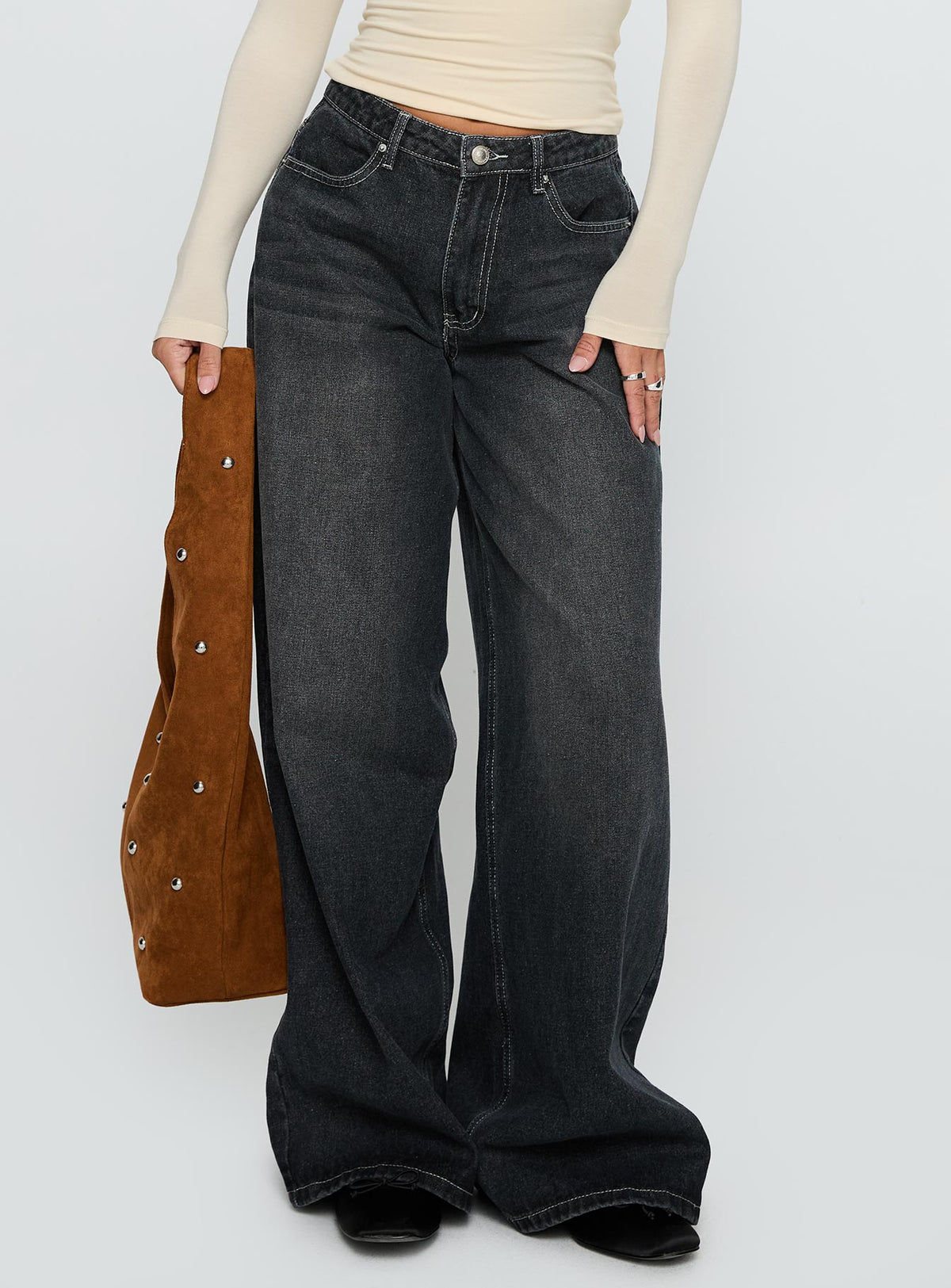 Showcasing Naylor Wide Leg Jeans Grey Wash Petite womens-jeans with high-rise front view of model wearing