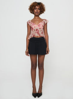 side view of model wearing Princess Polly Time After Top Pink Floral Short Sleeves V-Neck 