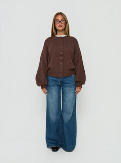 Showcasing the Edern Cardigan Chocolate womens-jumpers in short length front view of model wearing Princess Polly