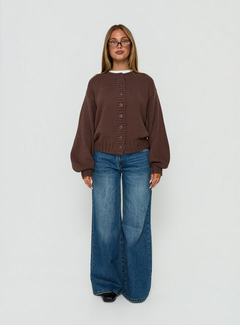 Showcasing the Edern Cardigan Chocolate womens-jumpers in short length front view of model wearing Princess Polly