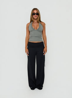 Showcasing the Daily Define Ruched Tie Side Pants Black Tall womens-regular-pants with high-rise front view of model wearing