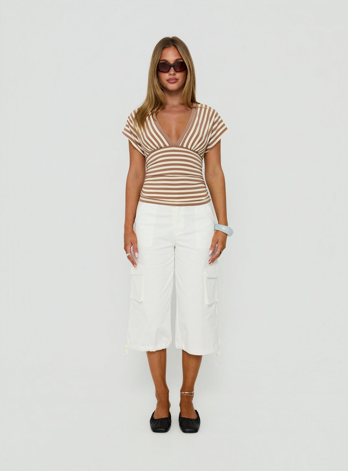 Eleanorre Batwing V Neck Top Brown Stripe