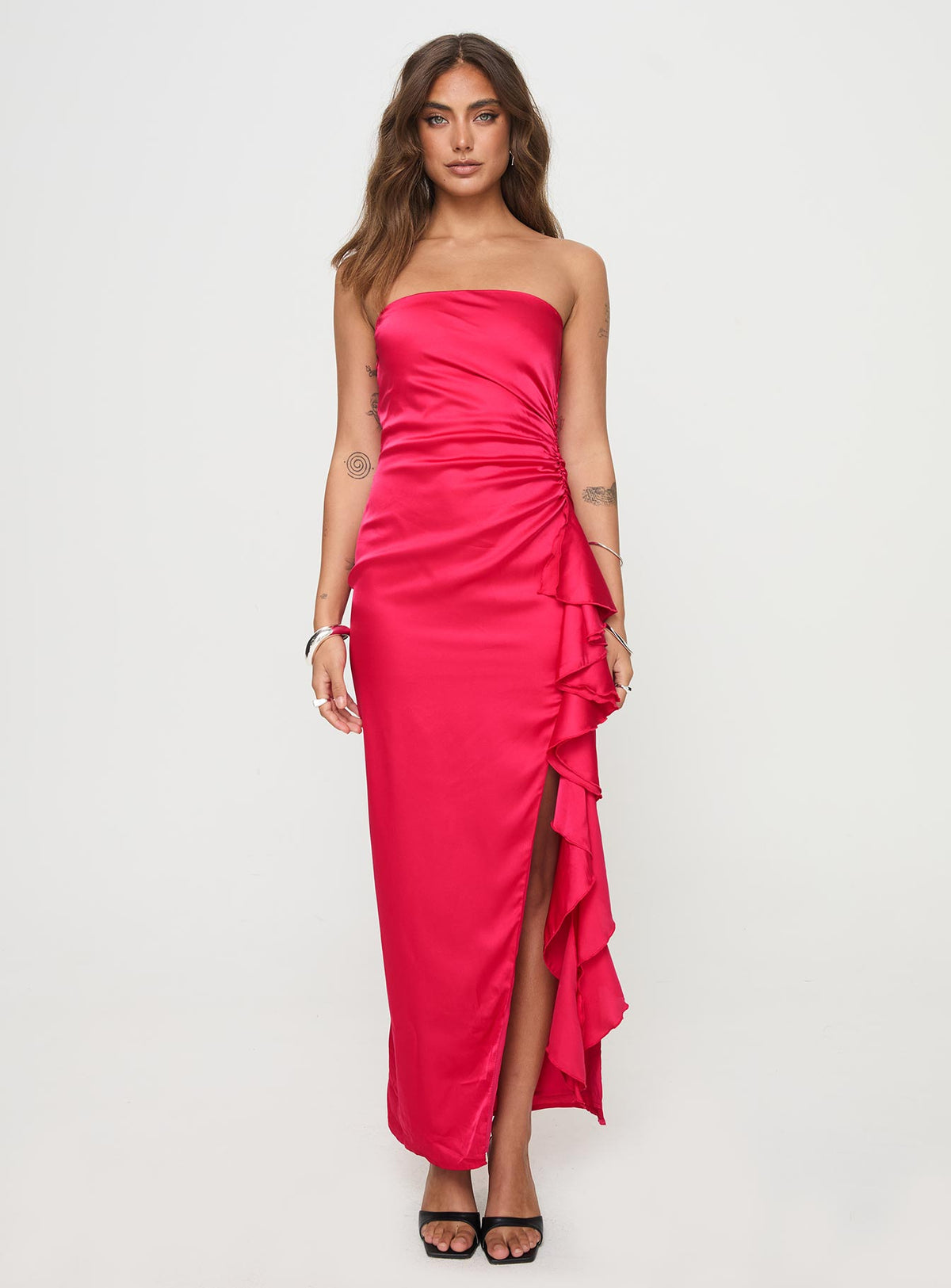 front view of model wearing Princess Polly Callita Strapless Maxi Dress Red Straight Neck 