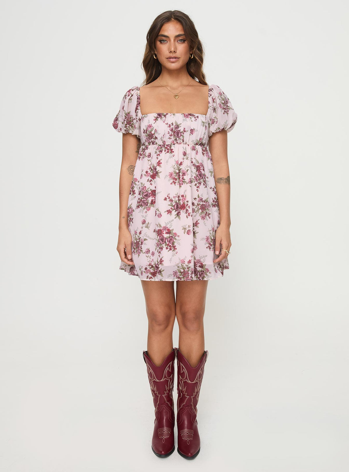 front view of model wearing Princess Polly Let's Dance Mini Dress Cream Floral Square Neck 