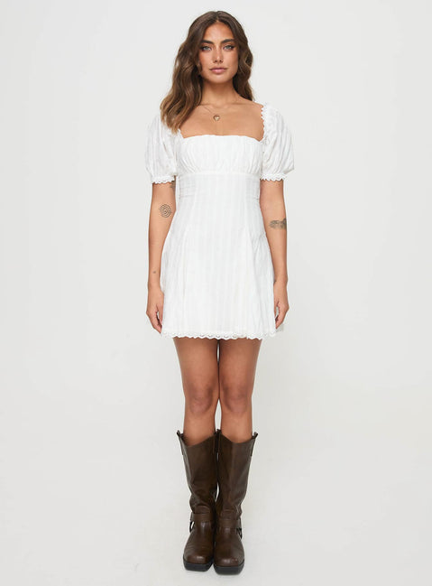 front view of model wearing Princess Polly Rabatia Mini Dress White Square Neck 