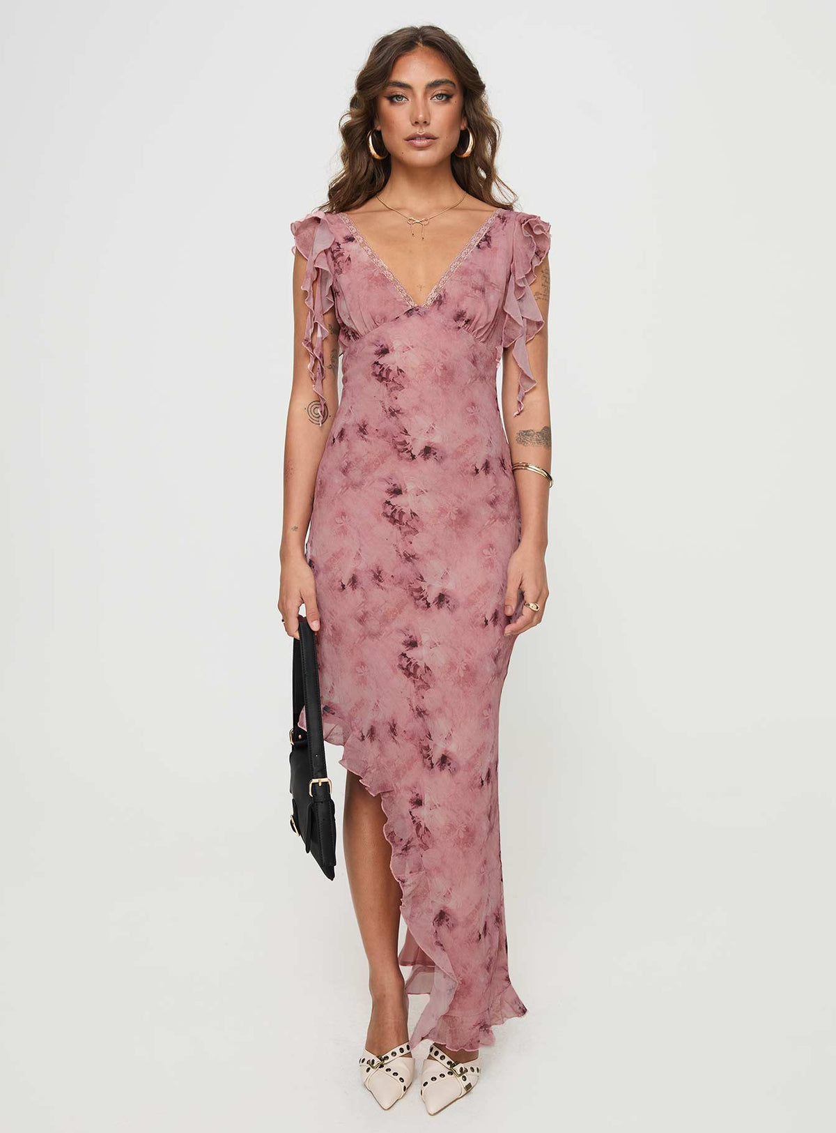 side view of model wearing Princess Polly Vestige Midi Dress Pink Plunger 