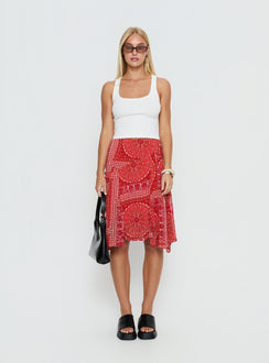   front view of model wearing Princess Polly Raenah Asymmetrical Midi Skirt Red Paisley Skirts 