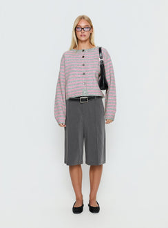 Showcasing the Raynna Button Up Cardigan Pink / Grey Stripe in womens-jumpers with short length front view of model wearing Princess Polly