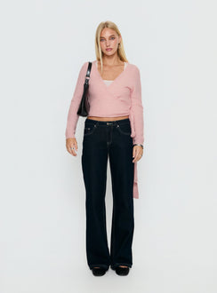 back view of model wearing Princess Polly Tonee Wrap Knit Cardigan Pink cropped Jumpers 