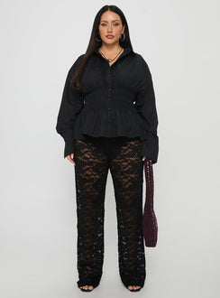 front view of model wearing Princess Polly Peru Lace Pants Black Curve High Rise Pants Pants 