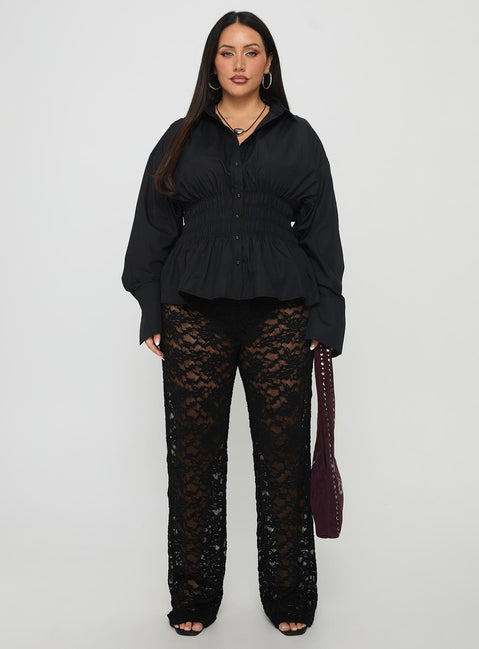 front view of model wearing Princess Polly Peru Lace Pants Black Curve High Rise Pants Pants 