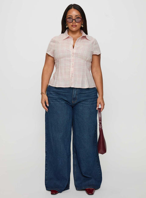 side view of model wearing Princess Polly Cottesloe Blouse Top Pink Check Curve Short Sleeves V-Neck 