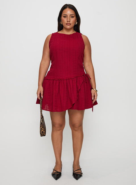front view of model wearing Princess Polly Cosie Mini Dress Red Curve Crew Neck 