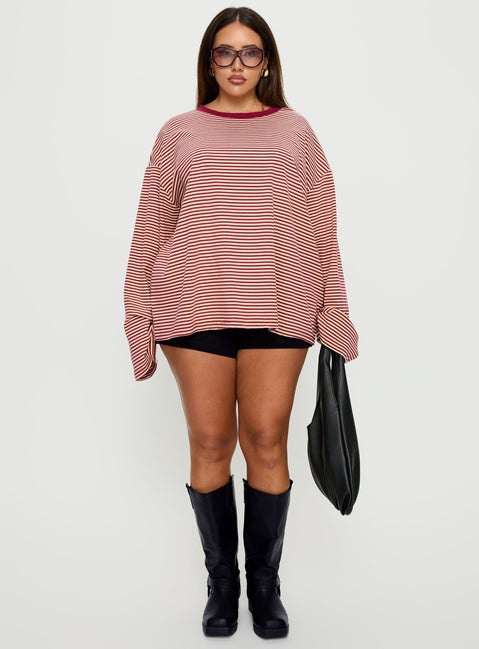 Settle Down Long Sleeve Top Lemon / Burgundy Stripe Curve