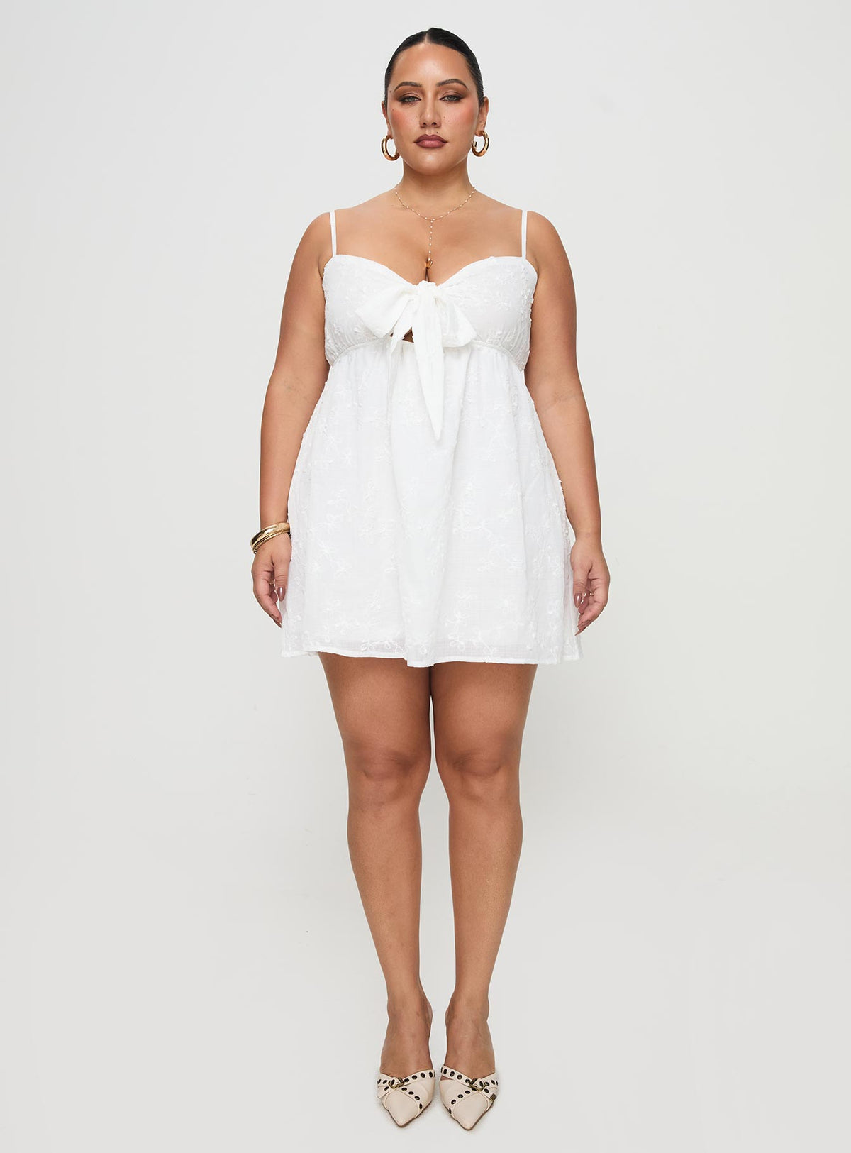 front view of model wearing Princess Polly Granno Mini Dress White Curve Plunger 
