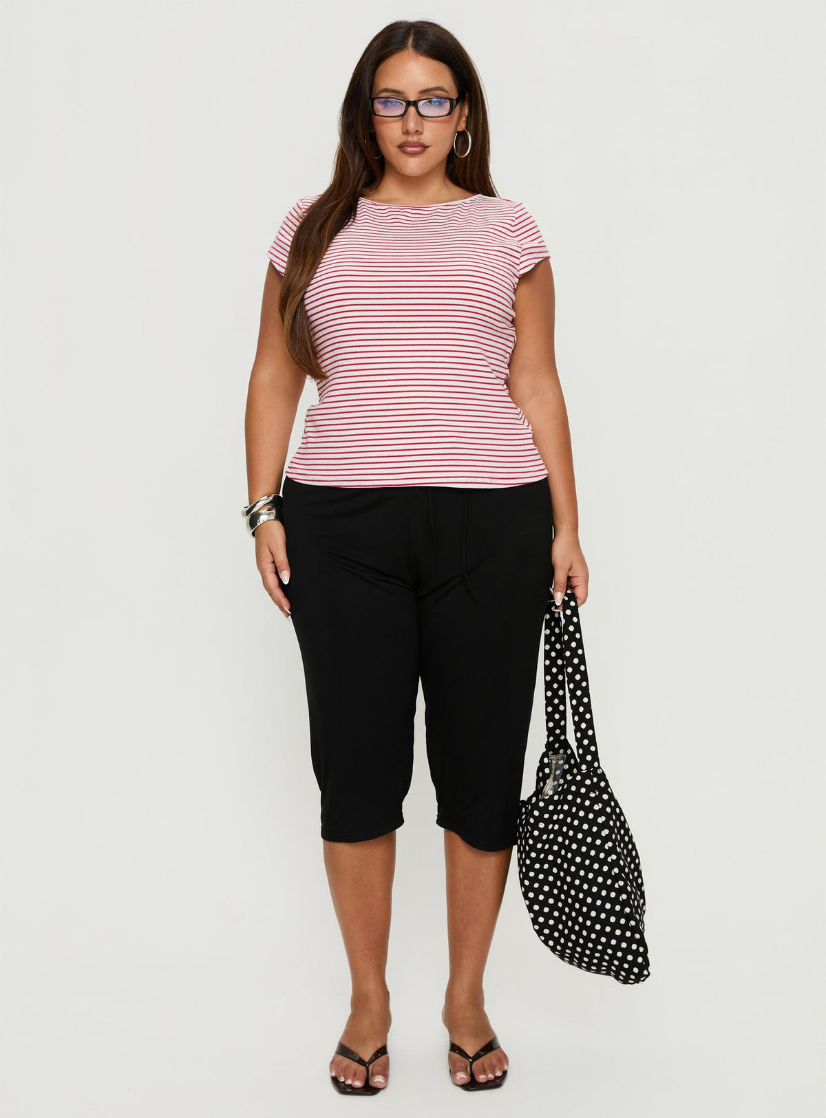 front view of model wearing Princess Polly Cayte Capris Black Curve High Rise Pants Pants 