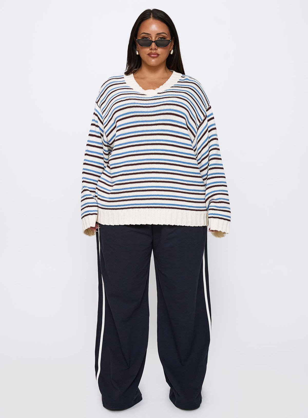 front view of model wearing Princess Polly Karolyn Sweater Blue Stripe Curve Jumpers 