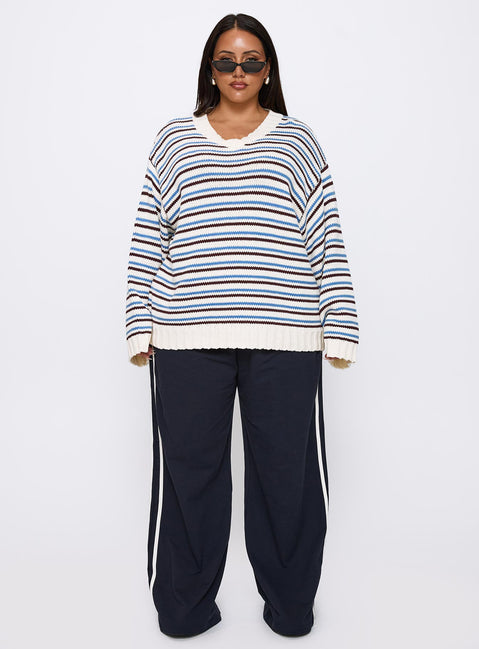 front view of model wearing Princess Polly Karolyn Sweater Blue Stripe Curve Jumpers 