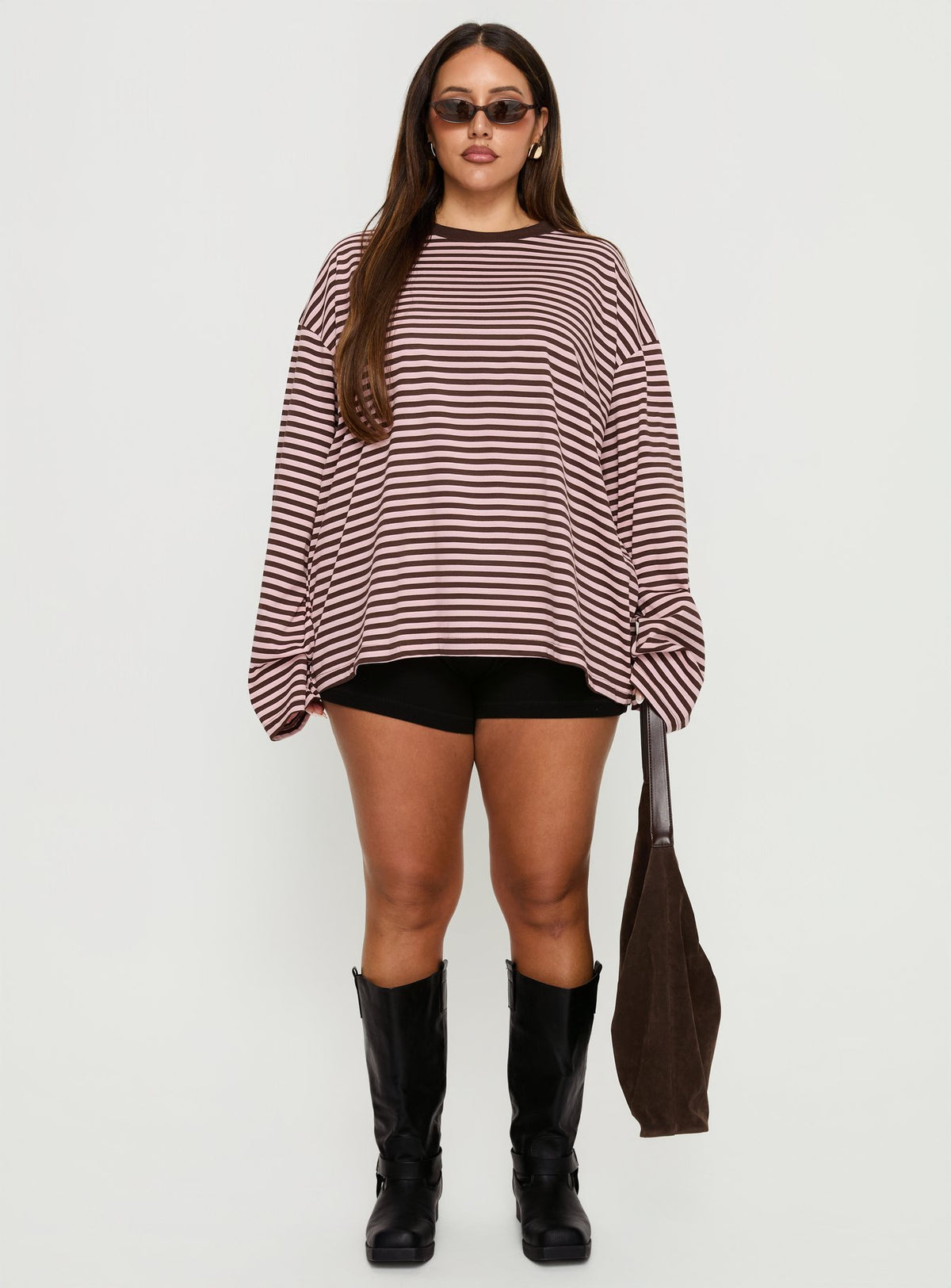 Settle Down Long Sleeve Top Pink / Brown Stripe Curve