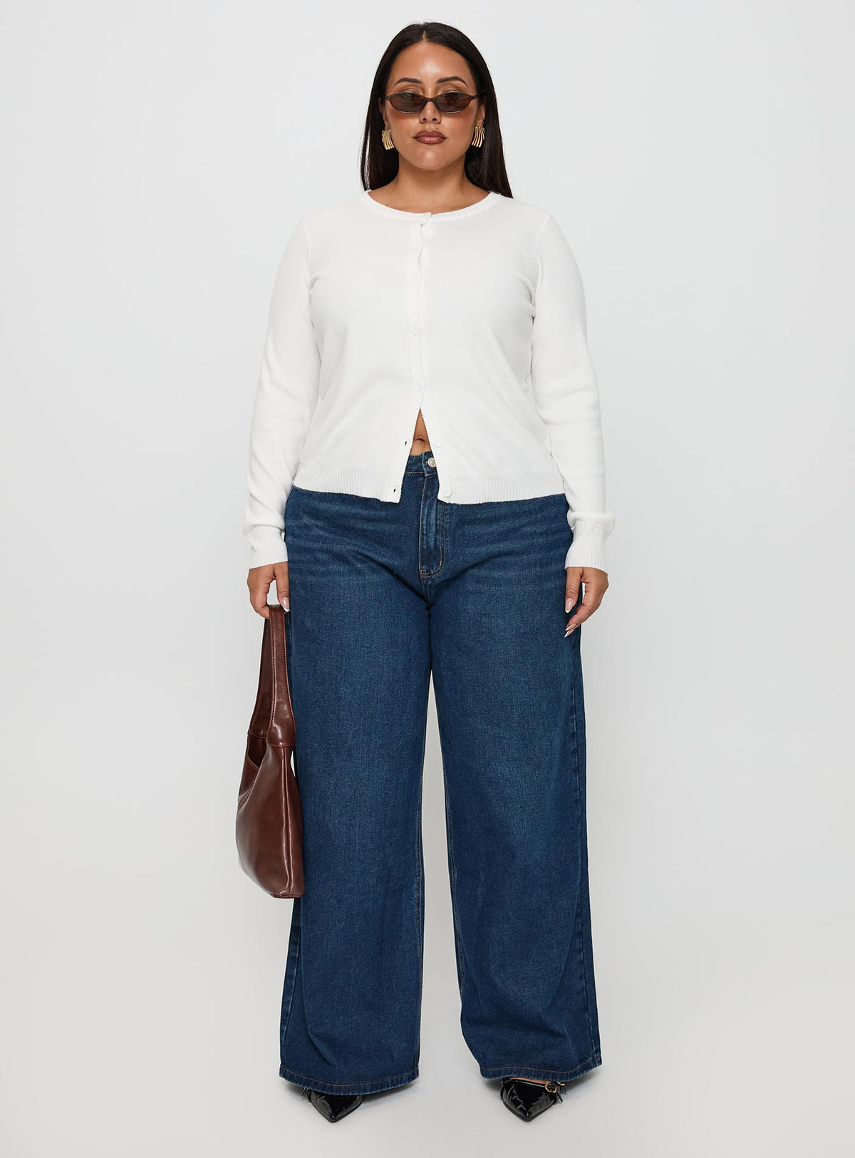 front view of model wearing Princess Polly Lauraine Cardigan White Curve regular Jumpers 