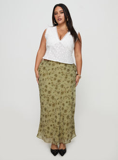   front view of model wearing Princess Polly Piazia Maxi Skirt Green Curve Maxi Skirts Skirts 