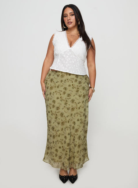   front view of model wearing Princess Polly Piazia Maxi Skirt Green Curve Maxi Skirts Skirts 