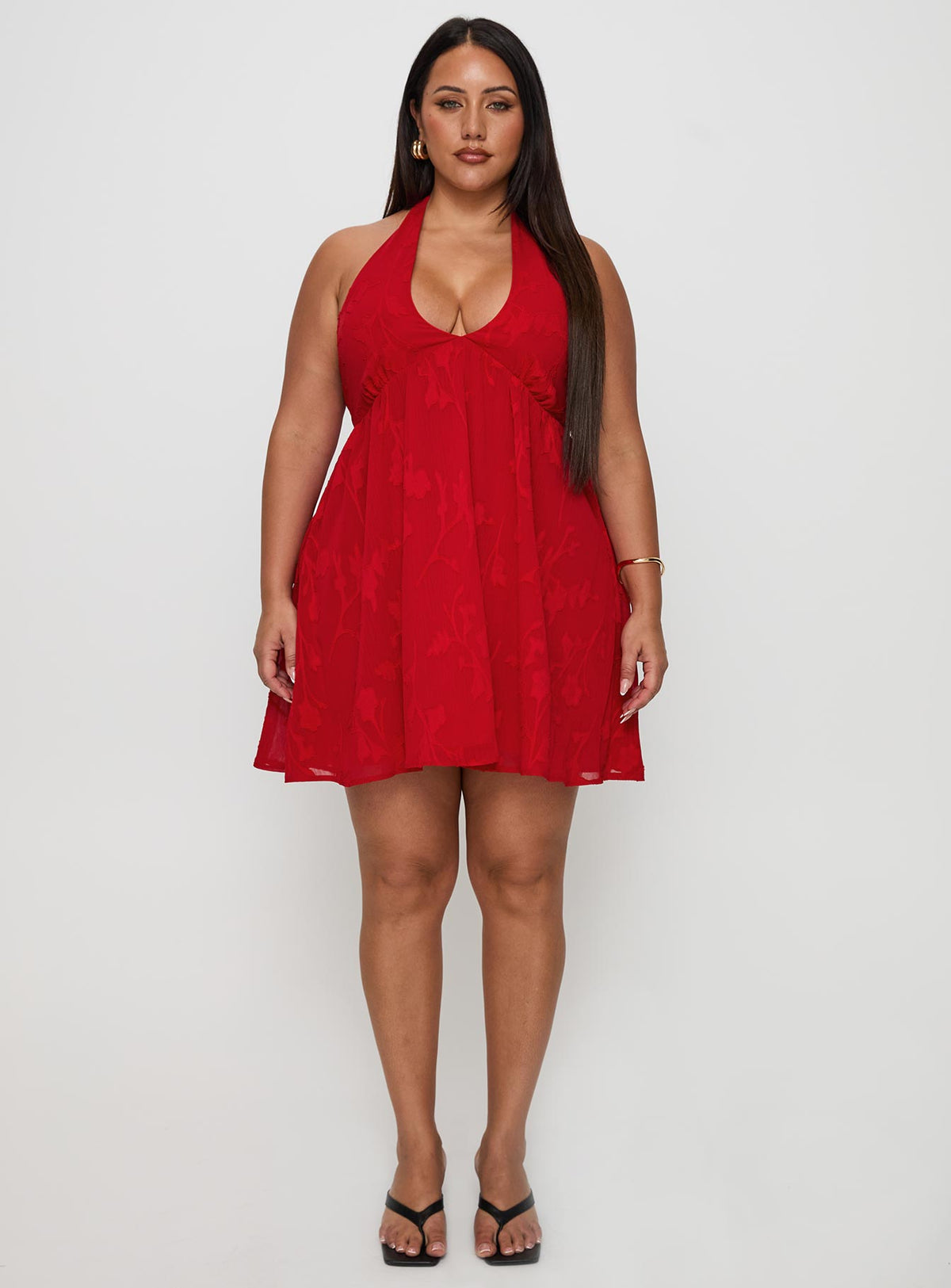 front view of model wearing Princess Polly Moriah Halter Mini Dress Red Curve Plunger 