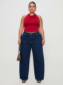 front view of model wearing Princess Polly Britta Mid Rise Tapered Leg Jeans Dark Wash Curve High Rise Jeans Jeans 