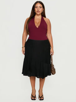   front view of model wearing Princess Polly With Kindness Midi Skirt Black Curve Midi Skirts Skirts 