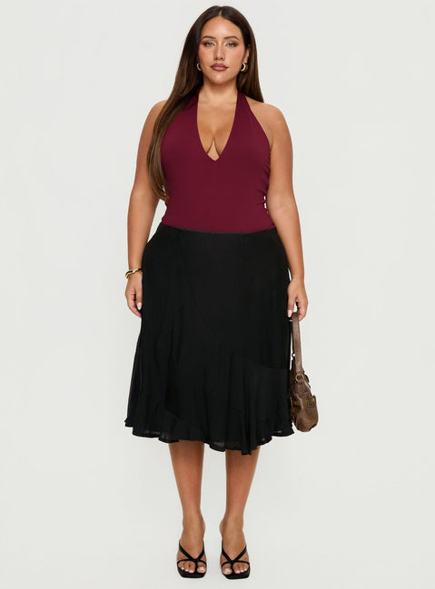   front view of model wearing Princess Polly With Kindness Midi Skirt Black Curve Midi Skirts Skirts 